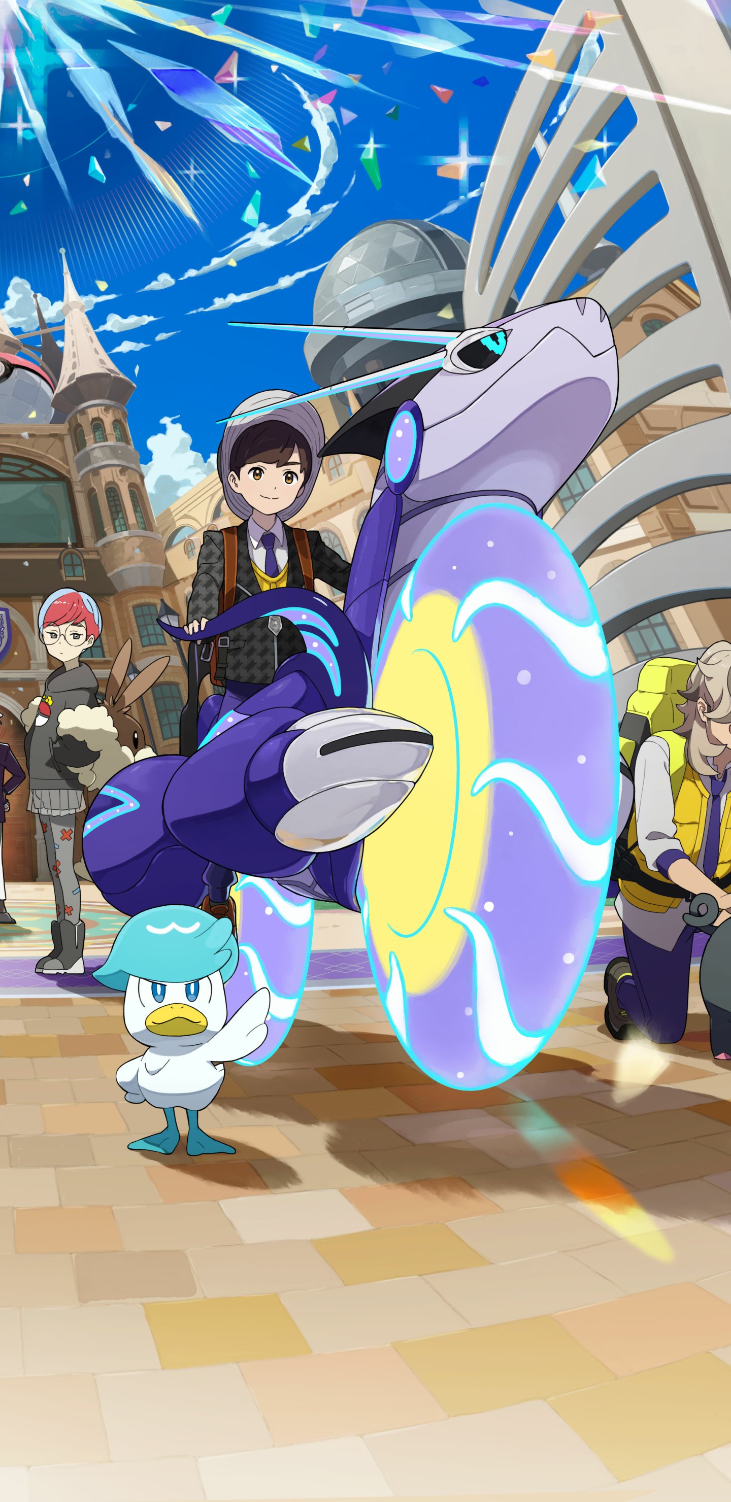 Phone wallpaper featuring vibrant artwork from Pokémon: Scarlet and Violet, showcasing characters and a futuristic bike in a lively cityscape. Compatible with iPhones and Android devices.