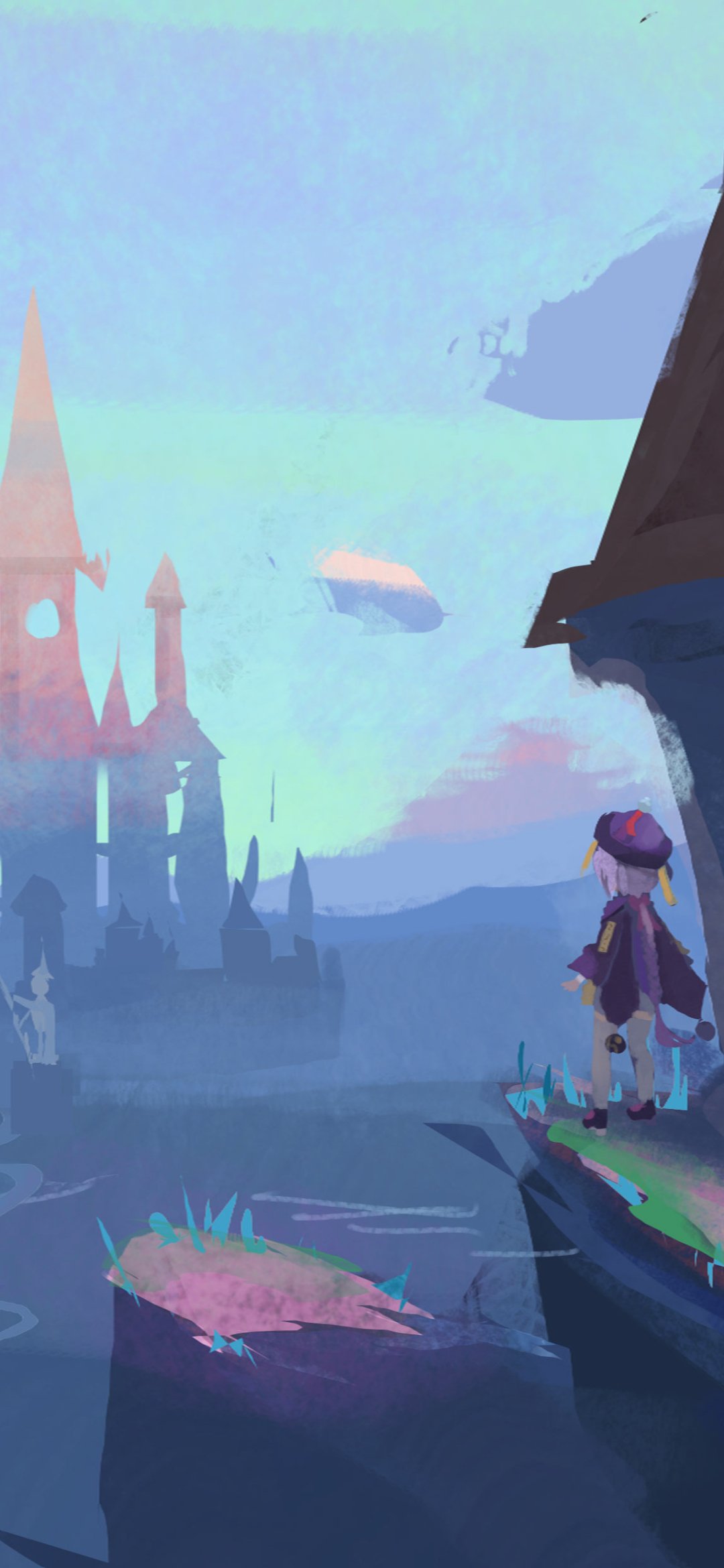 Genshin Impact phone wallpaper: a small figure in purple stands on a cliff, gazing across misty water at a distant castle and a floating airship under a pastel sky.
