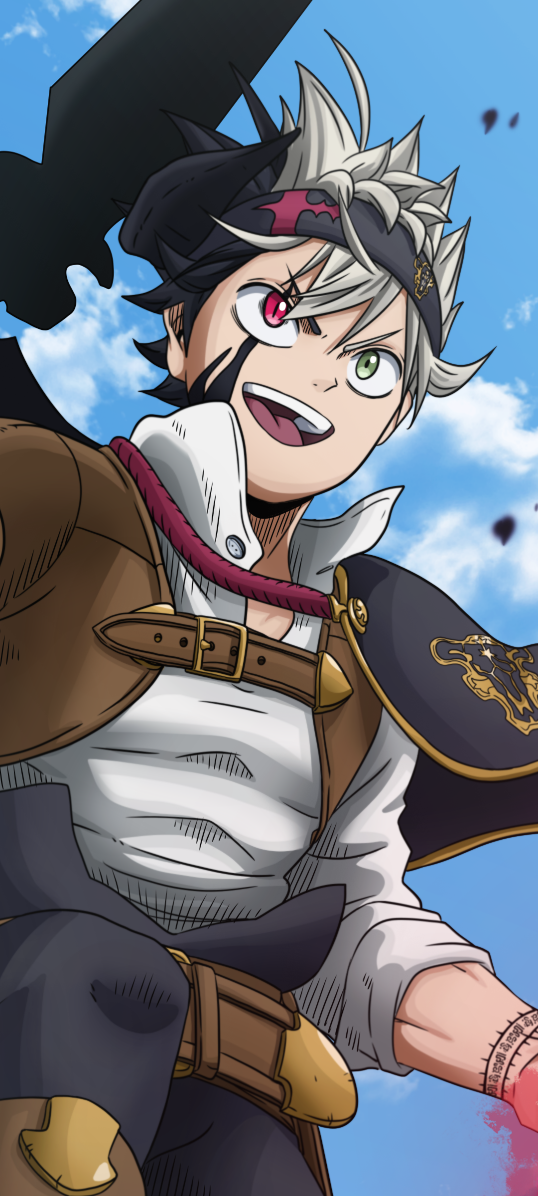 Anime phone wallpaper of Asta (Black Clover) leaping toward the viewer, headband and sword shadow visible, grinning against a bright blue sky.
