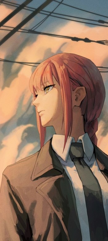 Phone wallpaper of Makima from Chainsaw Man — anime art showing her stoic profile in a suit against a dusky sky and power lines.