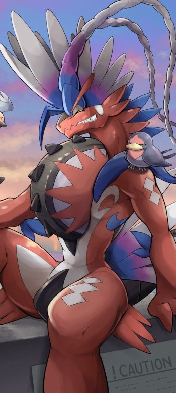 Phone wallpaper featuring Koraidon from Pokémon Scarlet and Violet, showcasing vibrant colors and dynamic pose against a soft sky background, compatible with iPhones and Android devices.