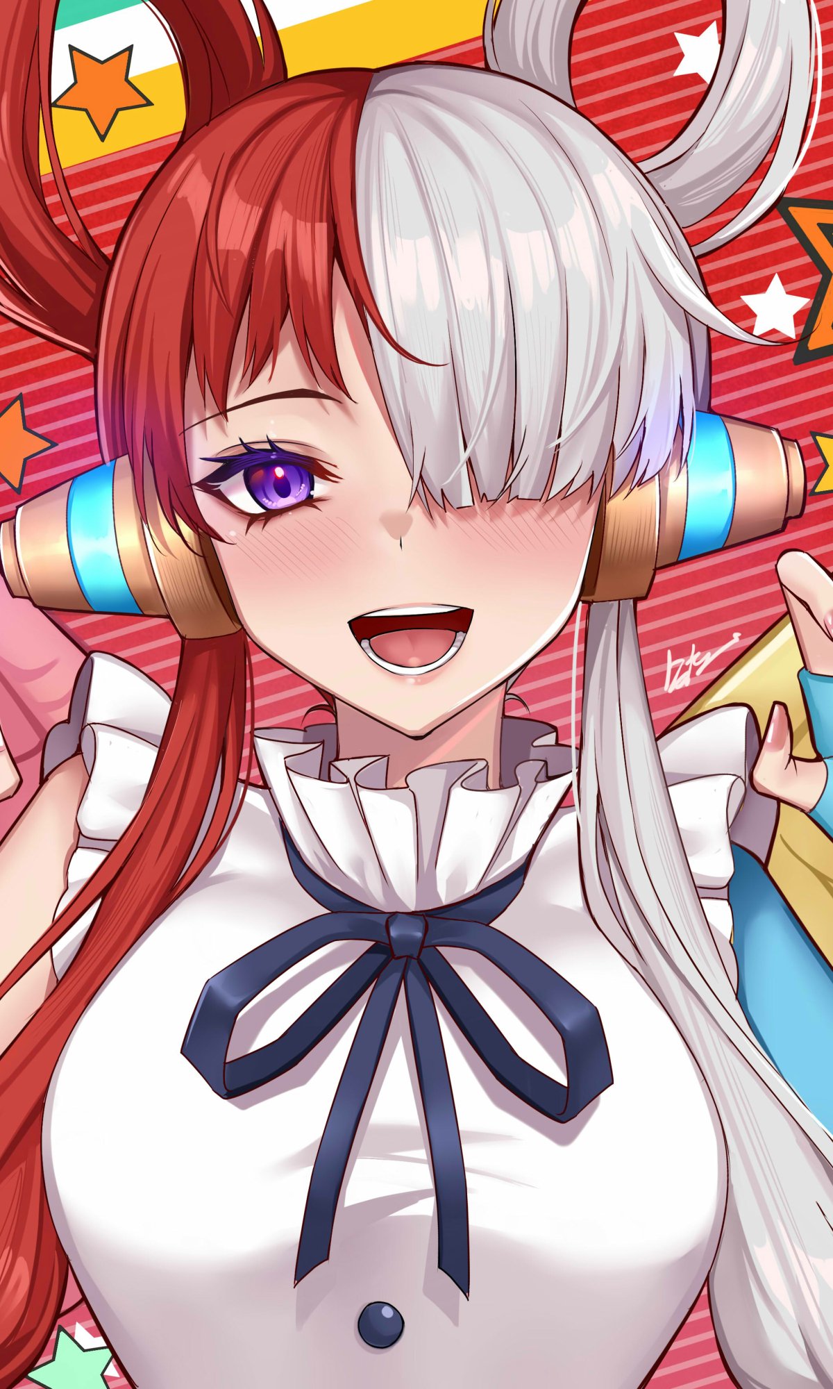 Uta (One Piece Film: RED) phone wallpaper — anime portrait with red-and-white hair covering one eye, purple eye visible, colorful headphones and starry pink background, smiling.