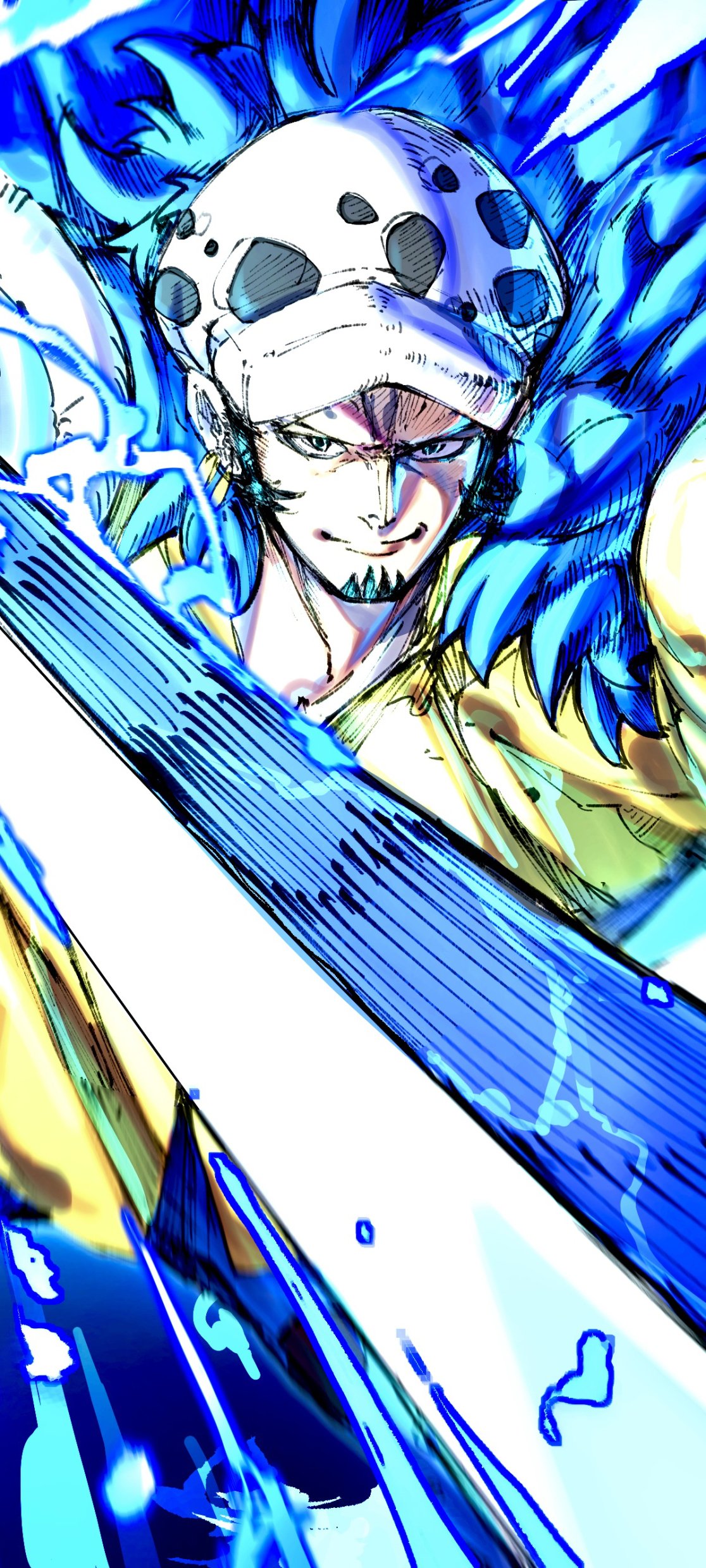 Vertical phone wallpaper of Trafalgar Law (One Piece), intense anime portrait with his spotted hat and long sword, vivid blue energy and water-like effects swirling dynamically around him.