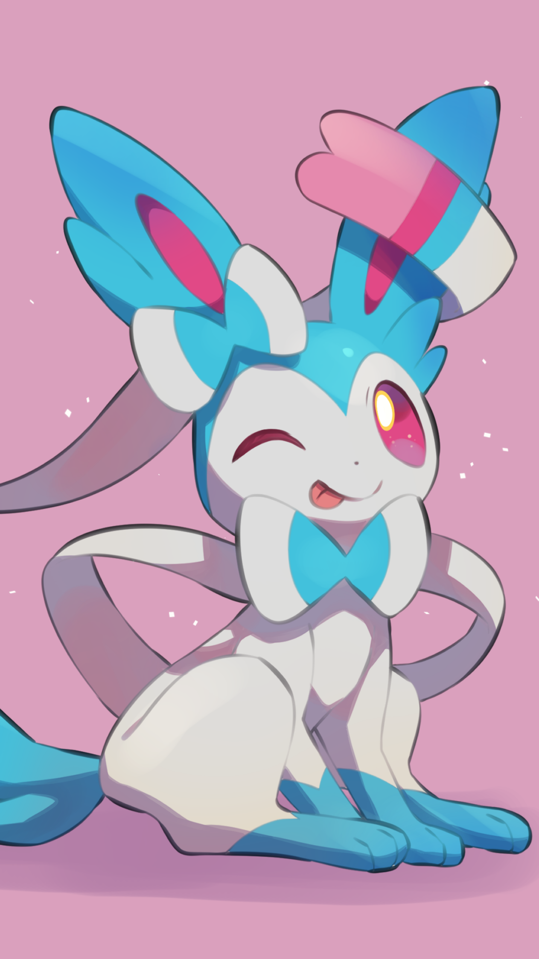 Sylveon (Pokémon) from the video game, winking and seated with flowing ribbons on a pink background, phone wallpaper illustration.