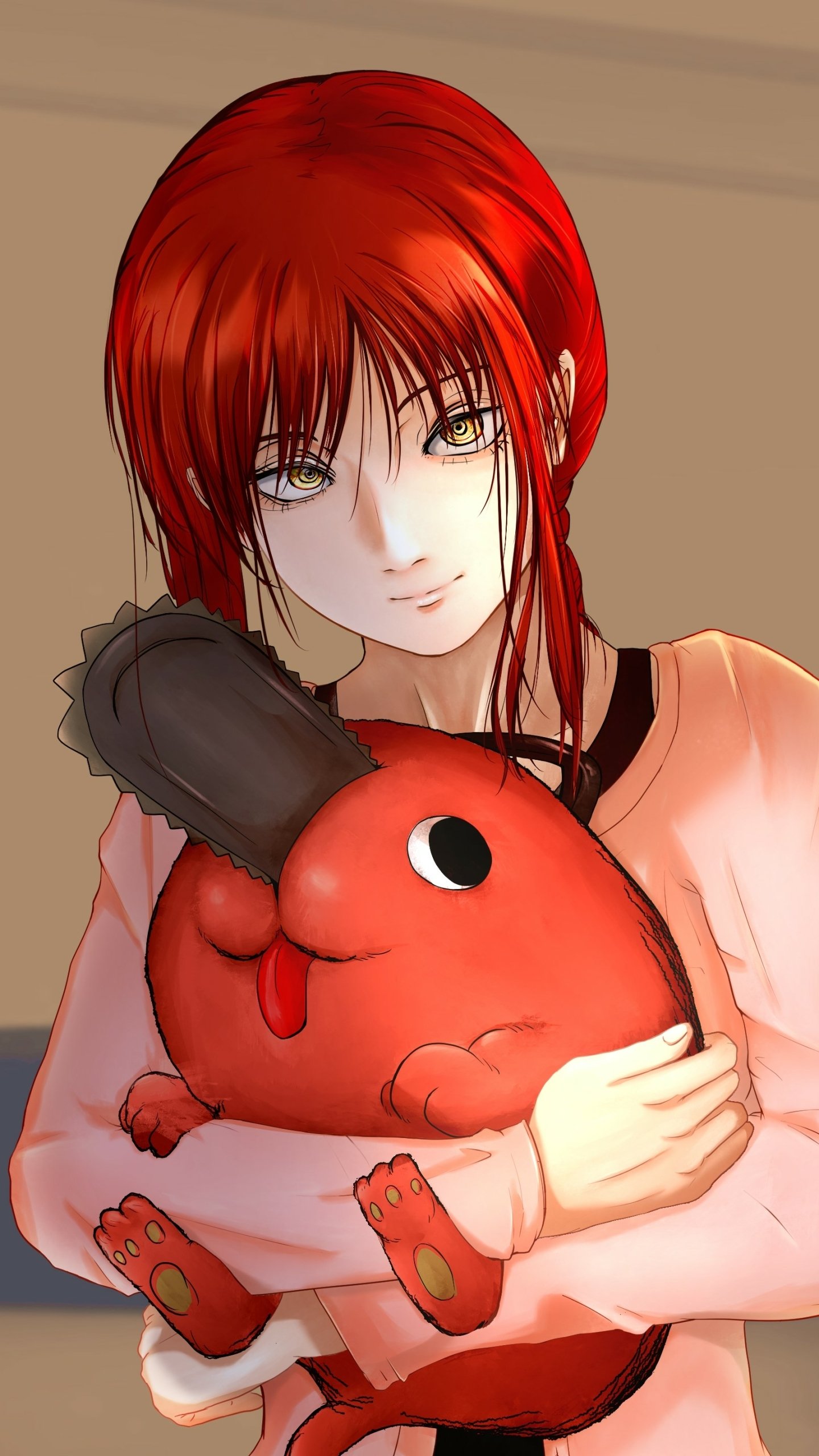 Phone wallpaper of Makima (Chainsaw Man) with red hair, holding Pochita; anime-style close-up portrait with warm tones and soft lighting.