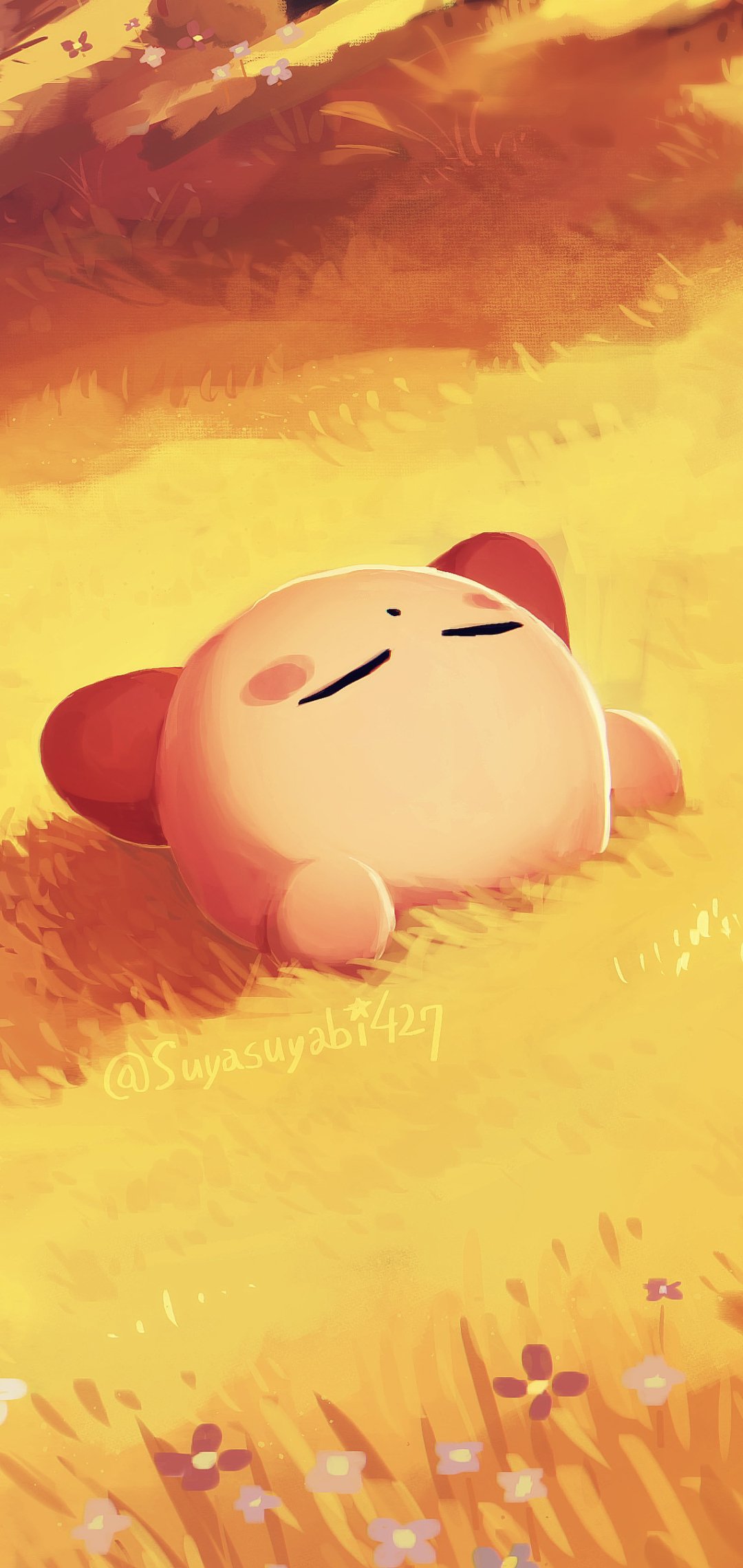 Phone wallpaper featuring Kirby from the video game, resting peacefully on a golden field with warm sunlight, designed for iPhone and Android screens.
