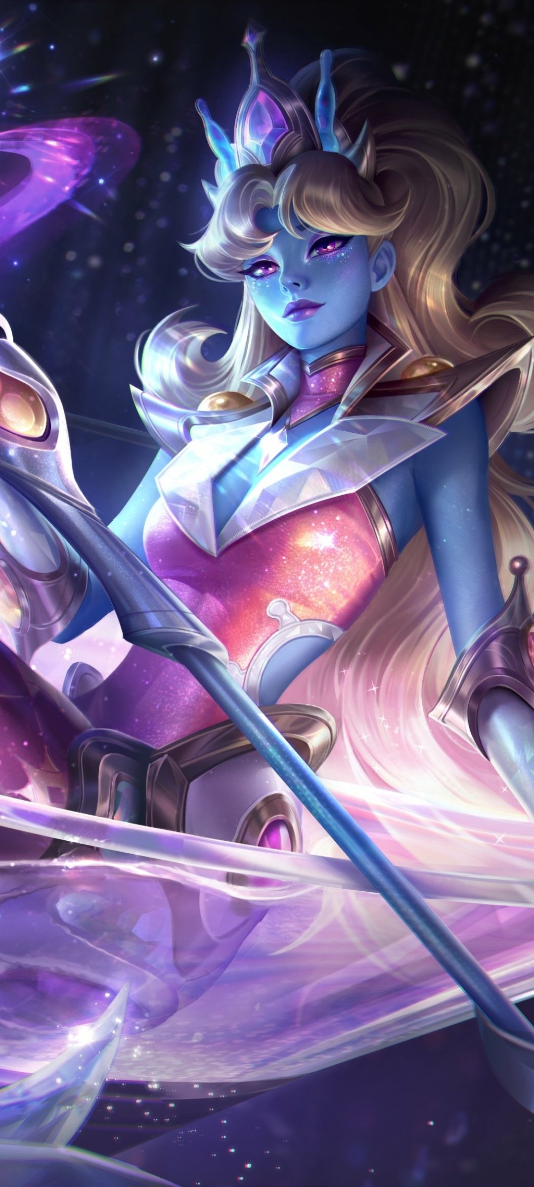 Phone wallpaper of Nami from the video game League of Legends: blue-skinned mermaid mage with flowing blonde hair, glowing staff and a starry purple cosmic background.