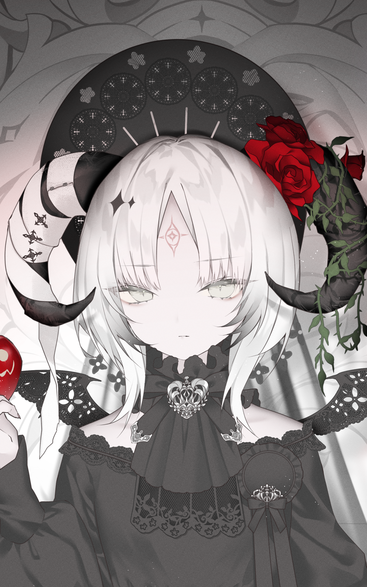 Anime girl with white hair, dark horns, and red roses, set against a detailed background; designed as a phone wallpaper for iPhone and Android devices.