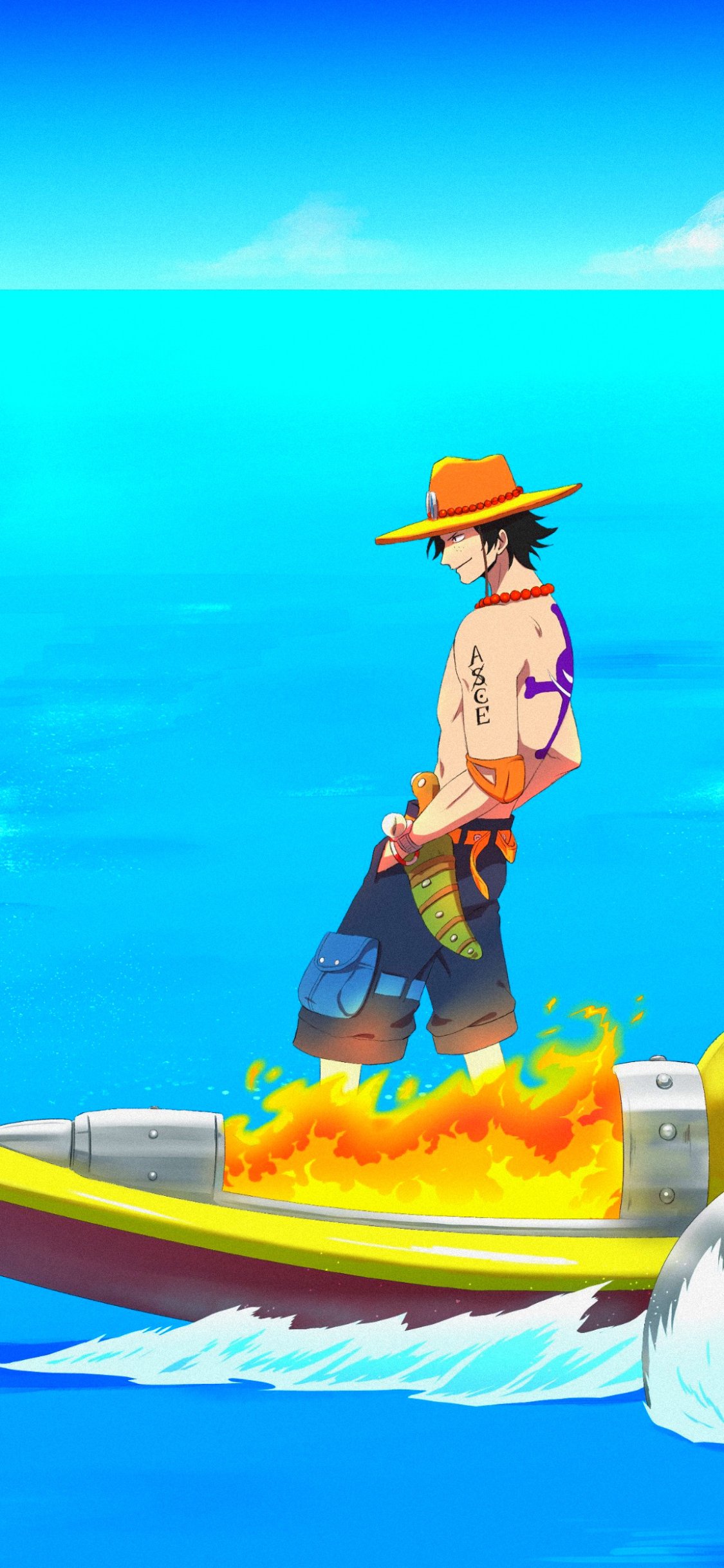 Phone wallpaper of Portgas D. Ace from the anime One Piece, featuring him standing on a flaming boat over bright blue water, designed for iPhone and Android displays.