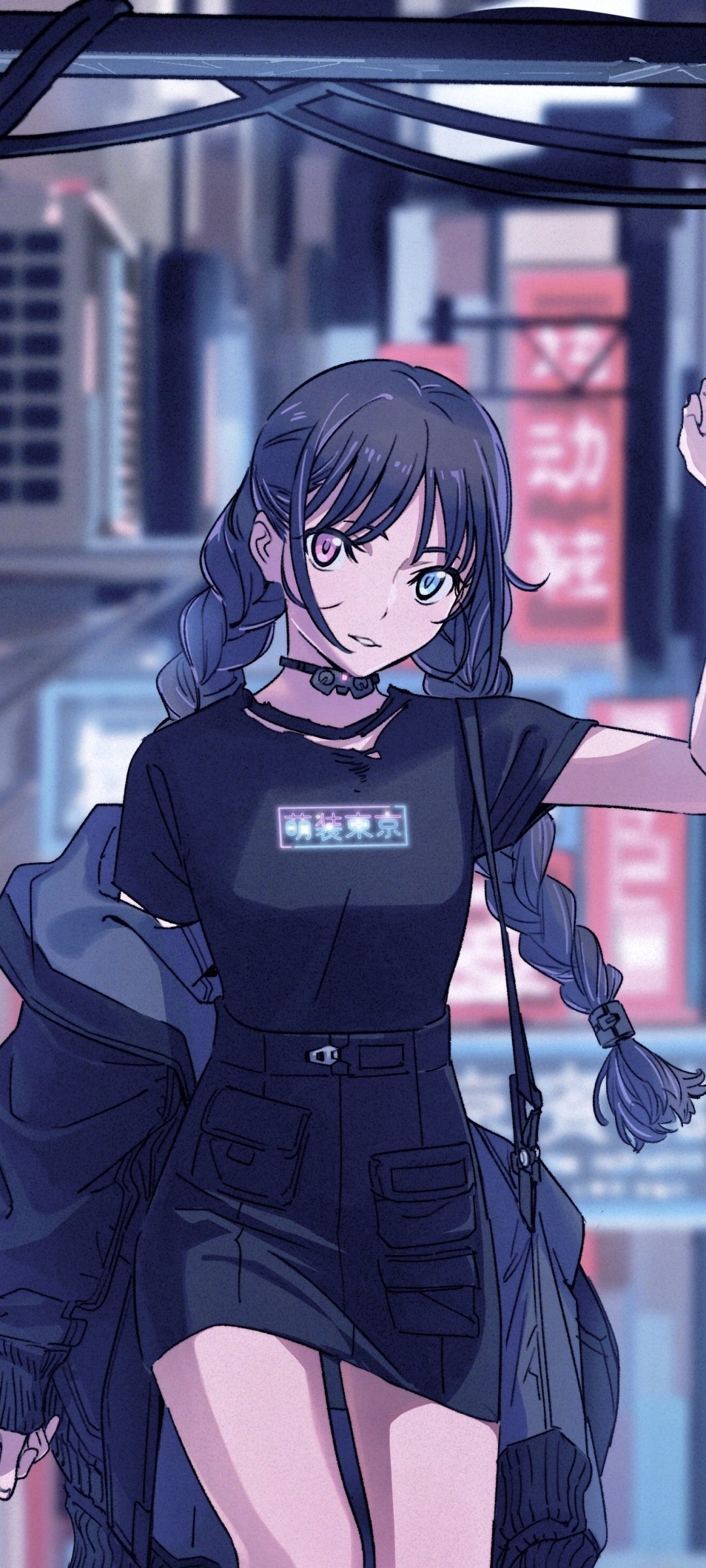 Phone wallpaper of an anime girl: braided dark hair, choker and black outfit, standing against a neon-lit urban skyline in a confident pose.