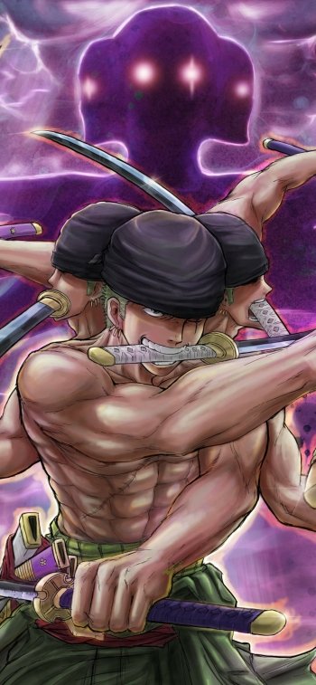 Roronoa Zoro from One Piece in a dynamic pose with multiple swords, set against a dark, lightning-filled background, designed as a vibrant phone wallpaper for iPhone and Android.