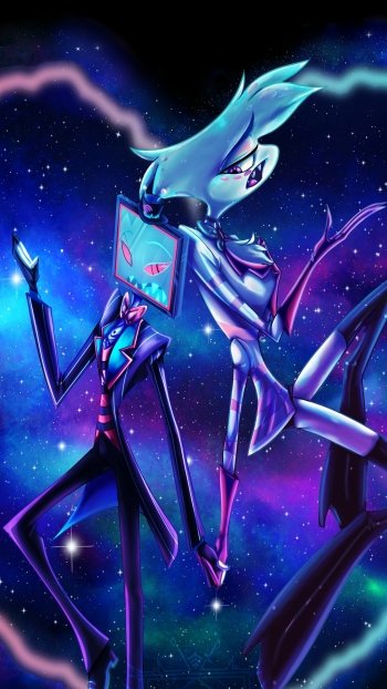 Phone wallpaper featuring Vox and Angel Dust from the TV show Hazbin Hotel, set against a vibrant cosmic background, designed for iPhones and Android devices.