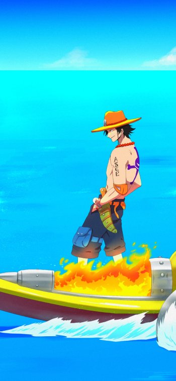 Phone wallpaper of Portgas D. Ace from the anime One Piece, featuring him standing on a flaming boat over bright blue water, designed for iPhone and Android displays.