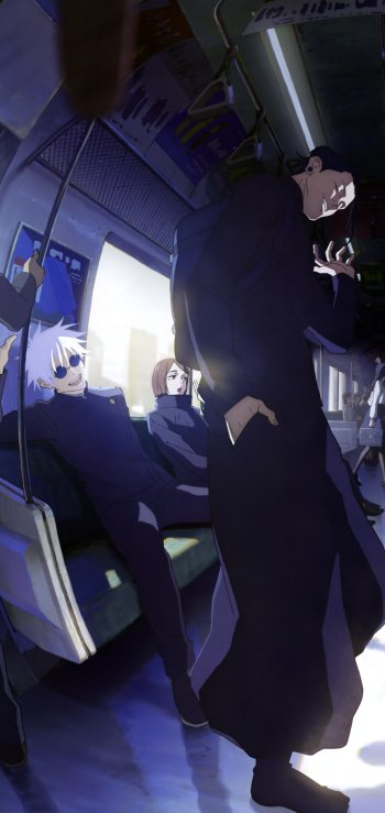 Jujutsu Kaisen anime phone wallpaper: moody subway scene with three sorcerers in dark uniforms—one lounging, one seated, one standing with hand raised.