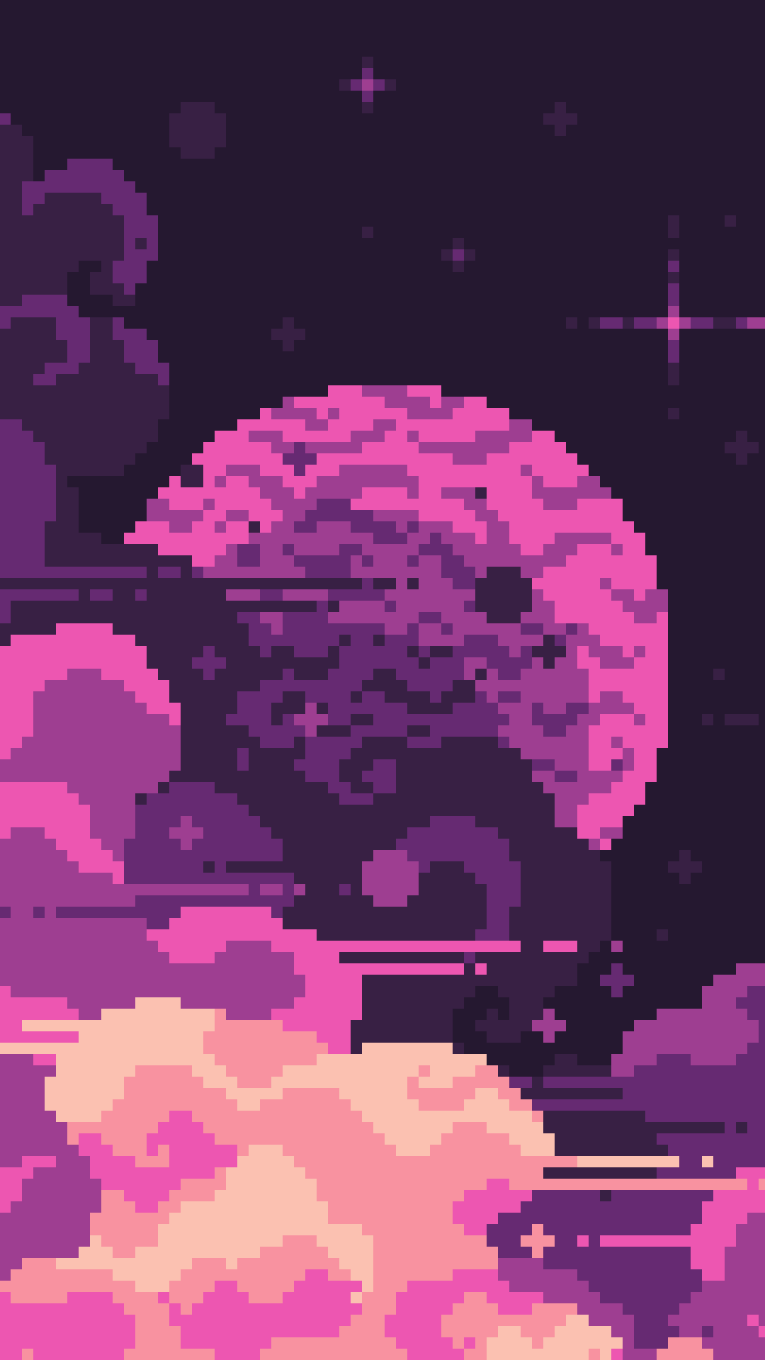 Artistic pixel art phone wallpaper featuring a vibrant pink moon against a dark starry sky with clouds, designed for both iPhone and Android screens.