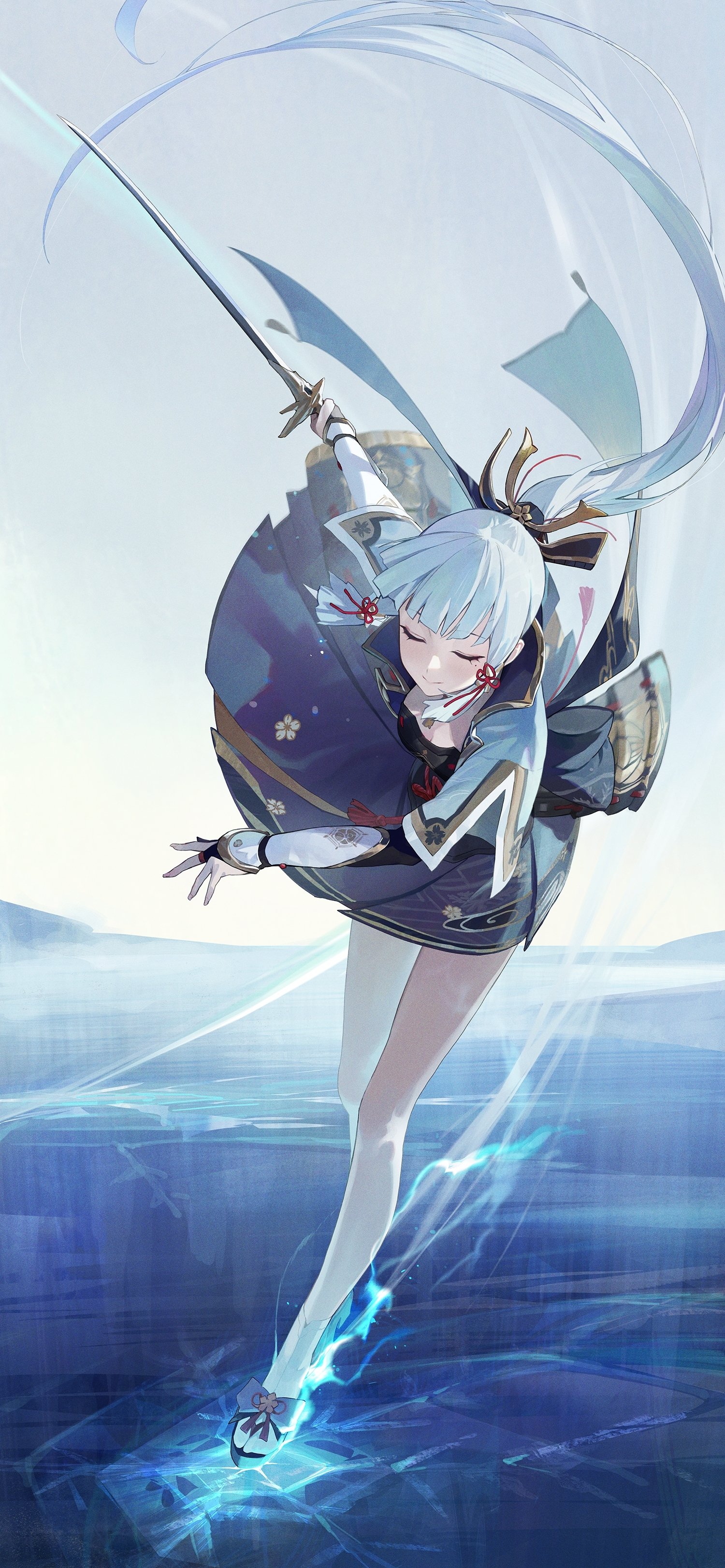 Phone wallpaper of Kamisato Ayaka from the video game Genshin Impact, leaping above icy water with sword drawn, blue kimono and frosty energy trailing her.