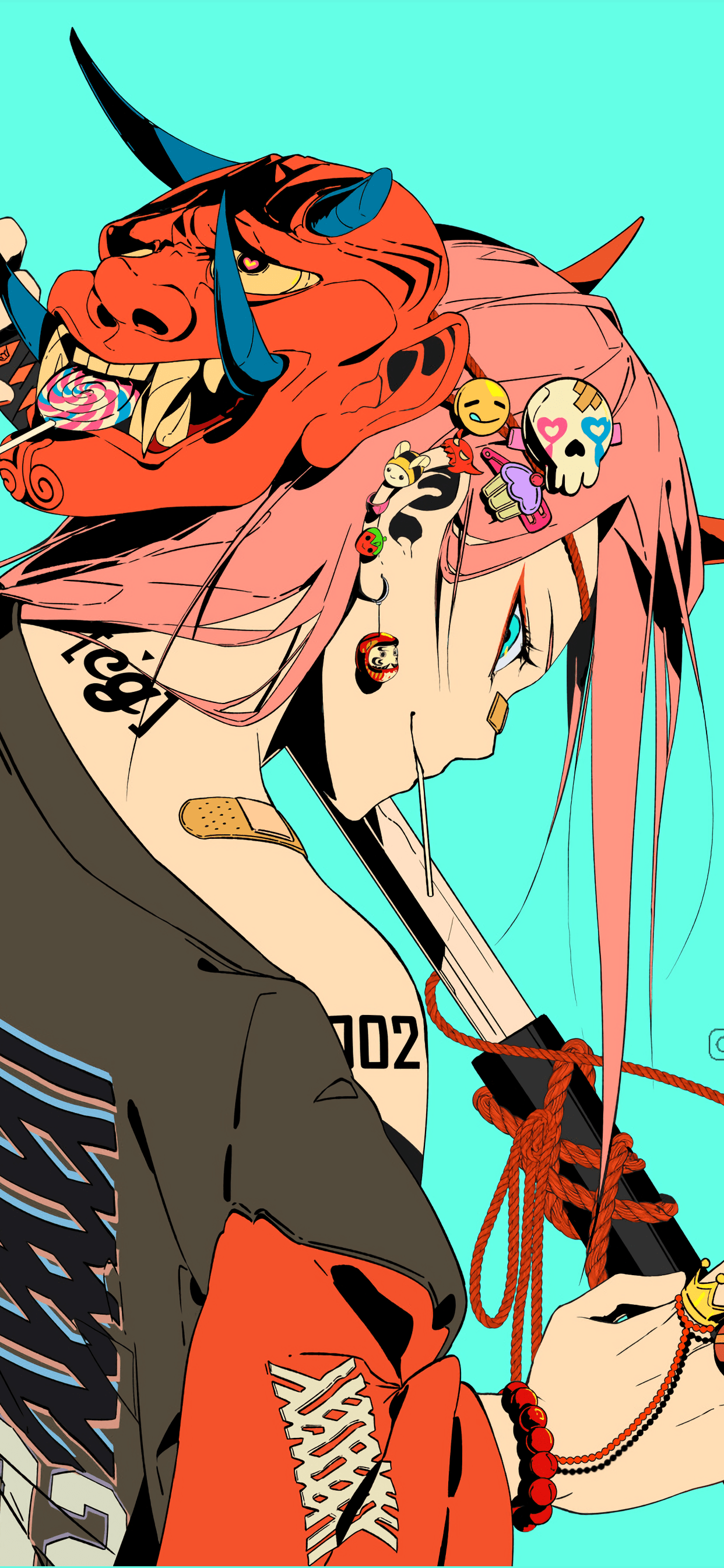 Phone wallpaper of a Darling in the FranXX anime: pink-haired girl in profile with an oni mask atop her head, piercings and bandage, clutching a sword against a turquoise background.