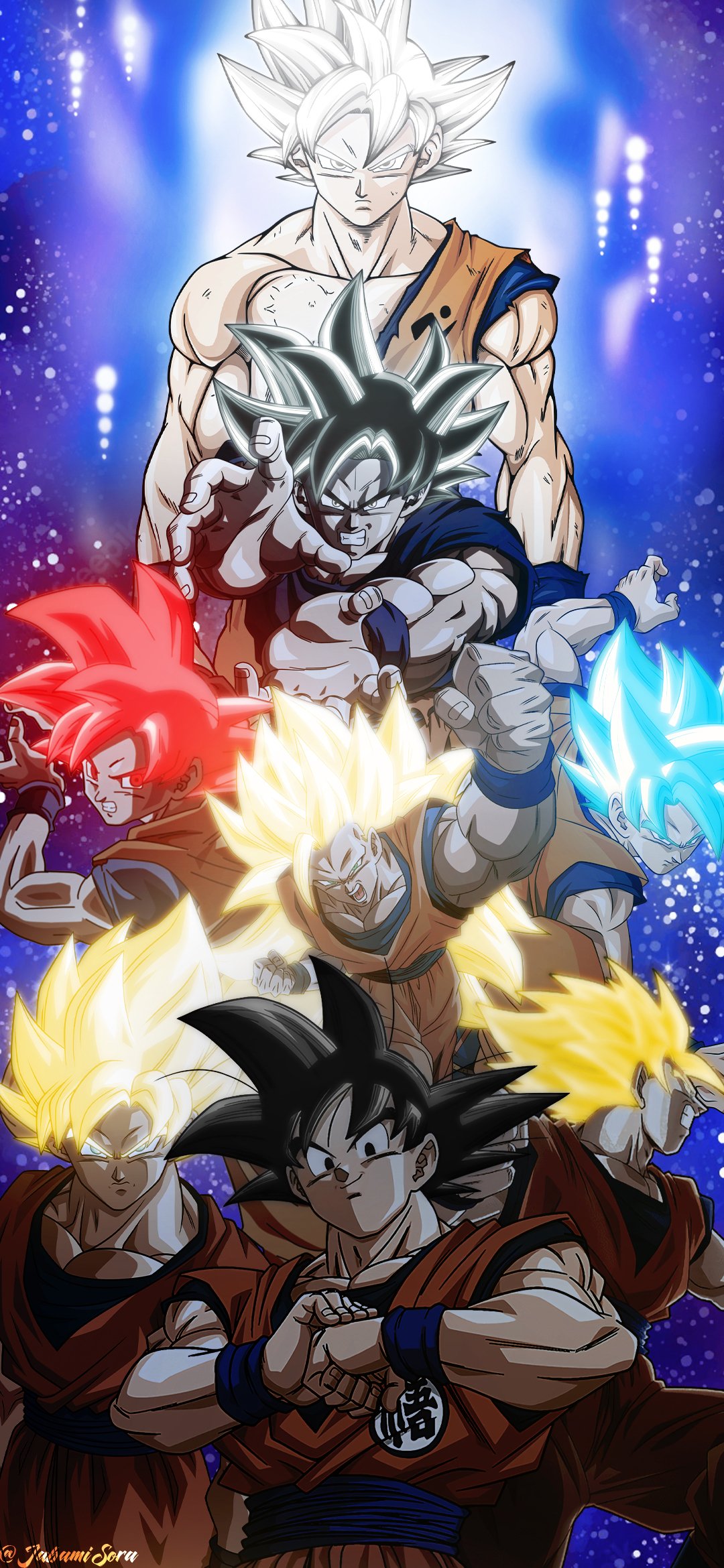 Phone wallpaper featuring Goku from Dragon Ball Super in various powerful forms, capturing dynamic anime energy for iPhone and Android displays.