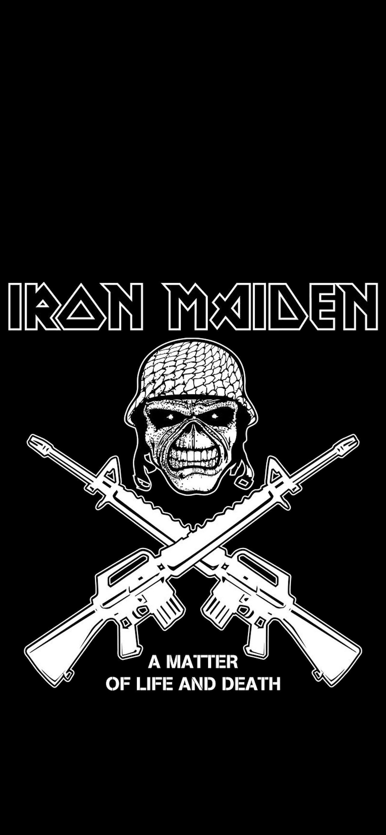 Phone wallpaper featuring Iron Maiden's skull with crossed rifles and the text A Matter of Life and Death, designed for iPhone and Android devices.