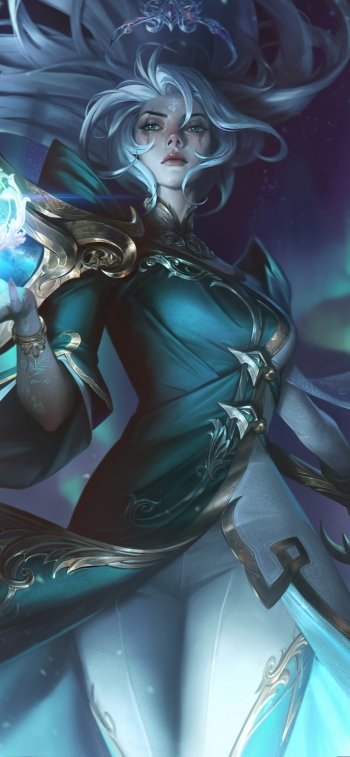 Diana from League of Legends in teal moonlit armor, silver hair flowing, holding a glowing lunar orb — stylized video game phone wallpaper with an ethereal blue-green background.