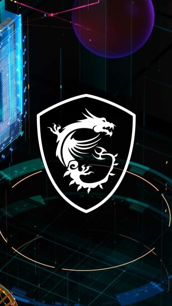 Phone wallpaper: MSI white dragon shield logo over a neon technology circuit grid with holographic panels and a purple orb.