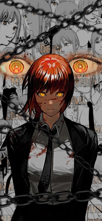 Phone wallpaper featuring Makima from Chainsaw Man with intense glowing eyes and chains, in an anime style compatible with iPhones and Android devices.