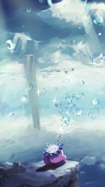 Phone wallpaper featuring Kirby from the video game, sitting on a rocky ledge and blowing sparkling bubbles that rise into a glowing, cloud-filled sky.
