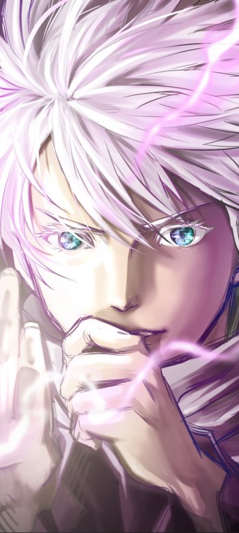Phone wallpaper featuring Satoru Gojo from Jujutsu Kaisen, showcasing his intense gaze and white hair with glowing purple energy accents, designed for iPhone and Android displays.