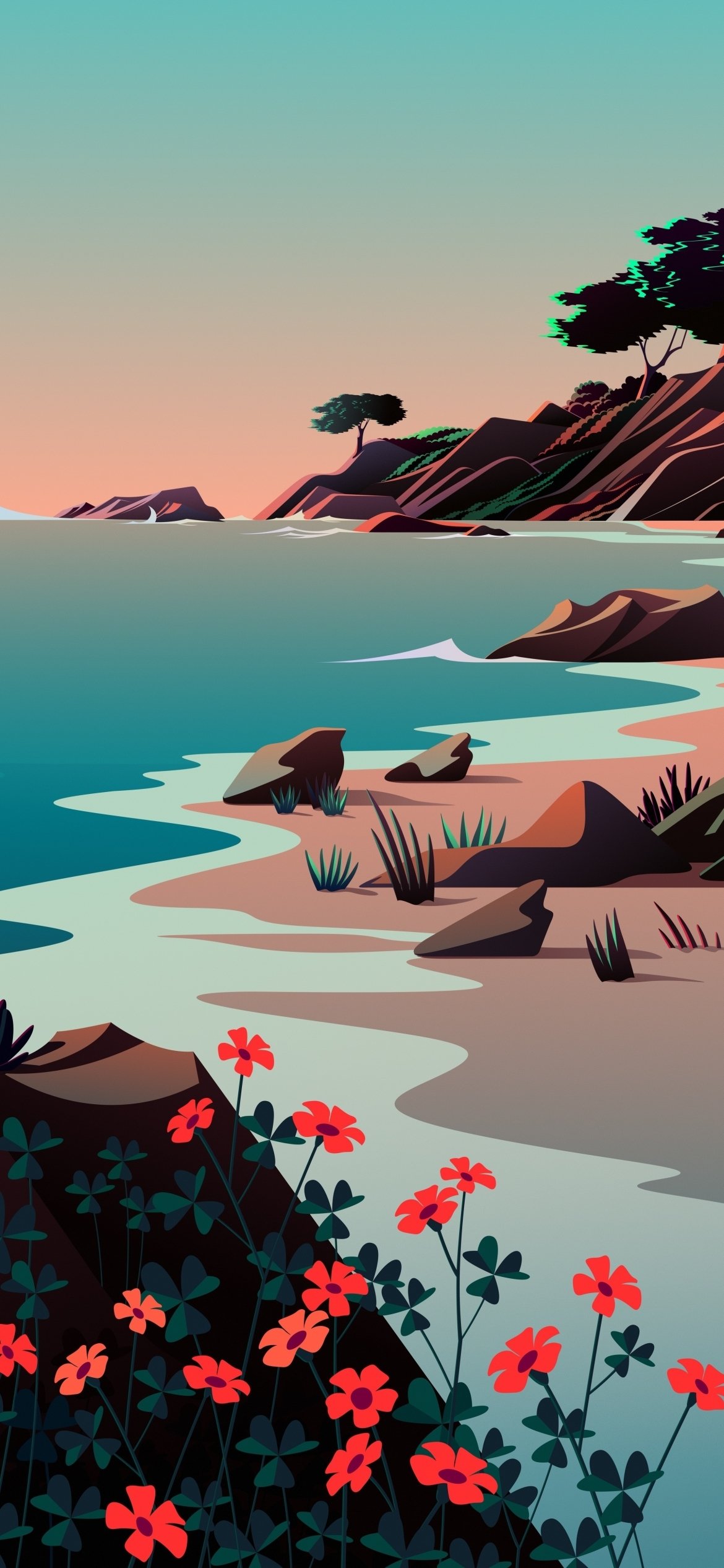 Artistic minimalist phone wallpaper: stylized coastal scene with red flowers in foreground, calm teal sea, cliffs and pastel sunset — works on iPhones and Android phones.
