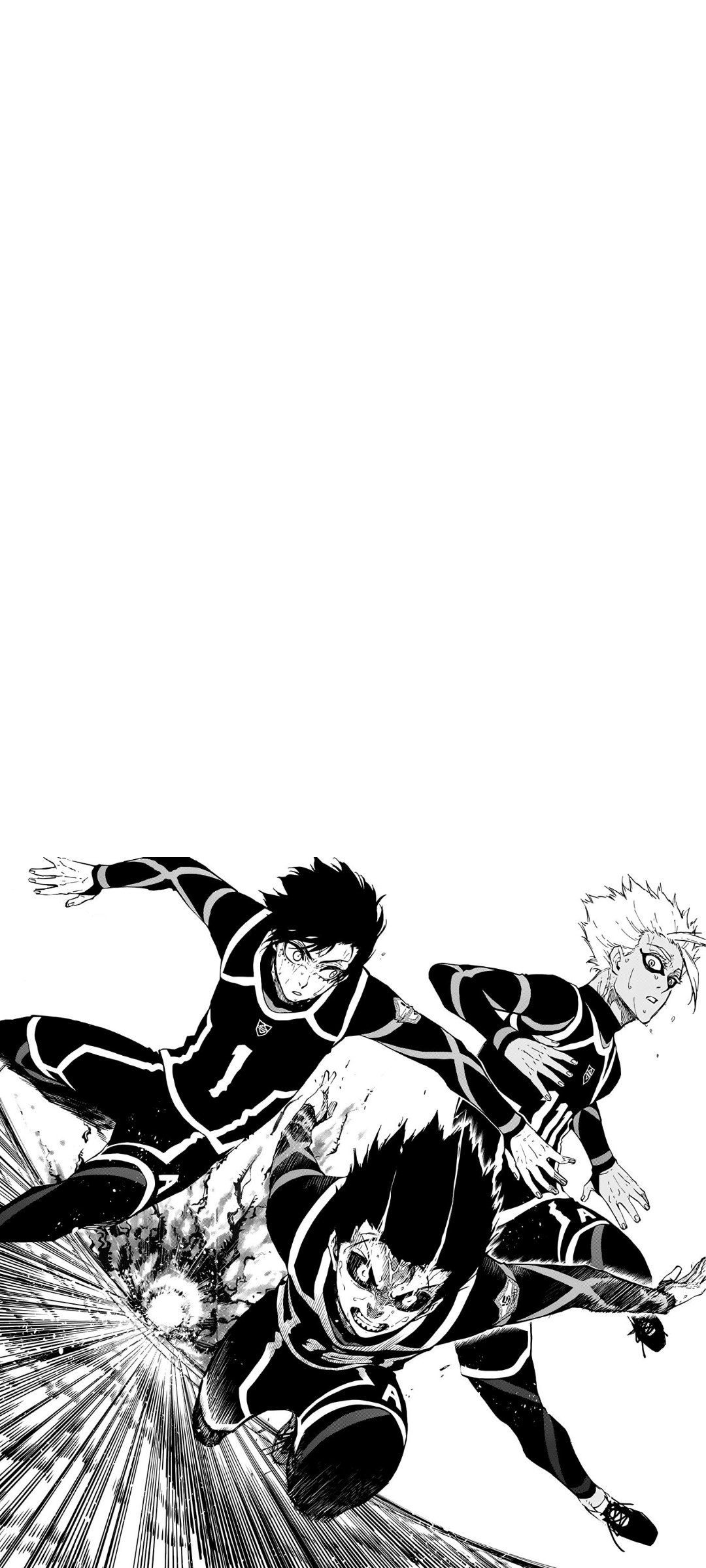 Phone wallpaper featuring black-and-white anime art of Shidou Ryusei, Rin Itoshi, and Isagi Yoichi from Blue Lock in dynamic running poses on a white background.