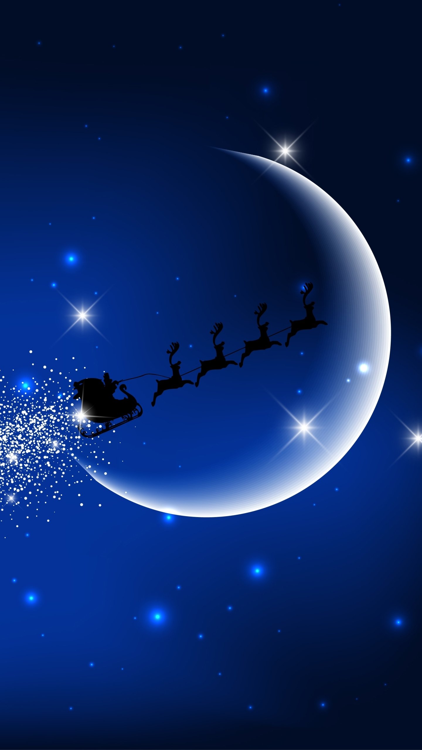 Phone wallpaper featuring a crescent moon against a starry night sky with Santa’s sleigh and reindeer flying by, capturing a festive Christmas holiday scene for iPhones and Android.