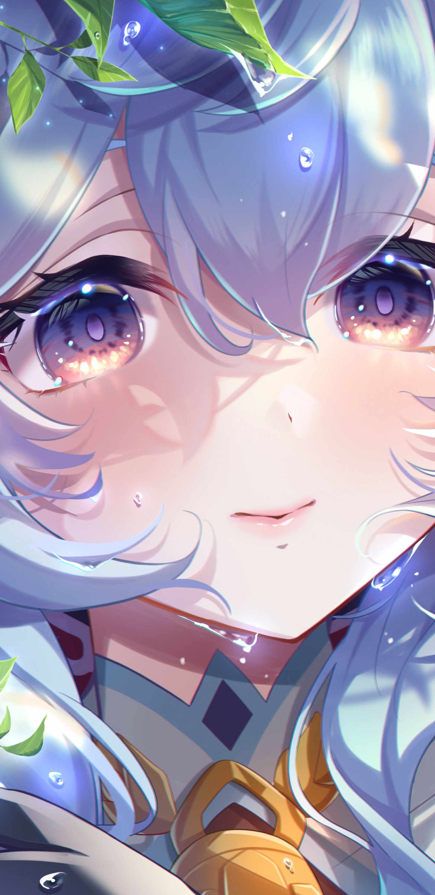 Phone wallpaper of Ganyu (Genshin Impact): close-up anime portrait with soft blue hair, luminous violet eyes, dewy skin and floral accents from the Genshin Impact video game.