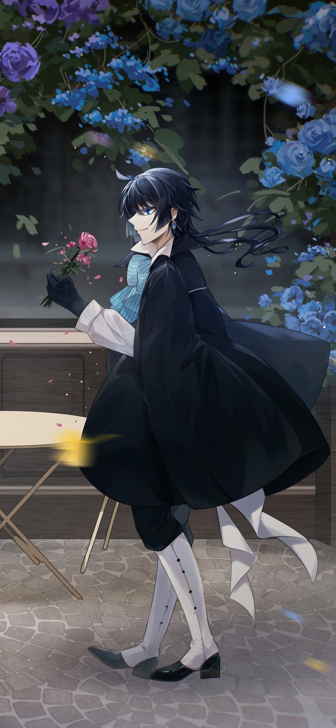 Anime phone wallpaper — The Case Study of Vanitas: a dark‑haired character in a flowing cloak strolls past blue roses, holding a single pink rose.