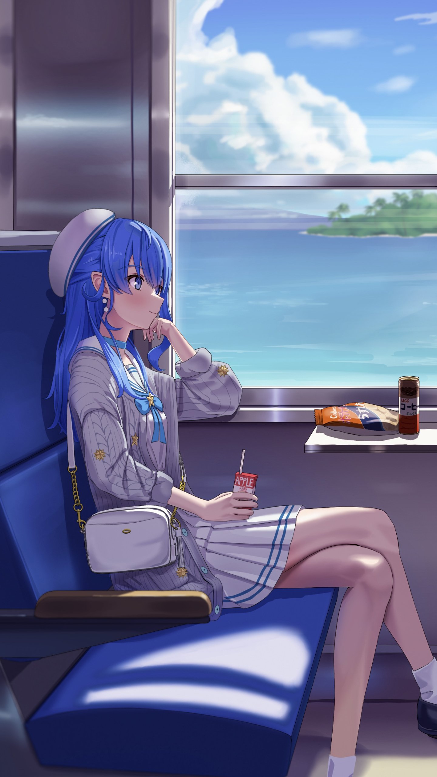 Anime-style wallpaper featuring Hoshimachi Suisei, a Virtual YouTuber, seated by a train window with a scenic ocean view, designed for iPhone and Android screens.