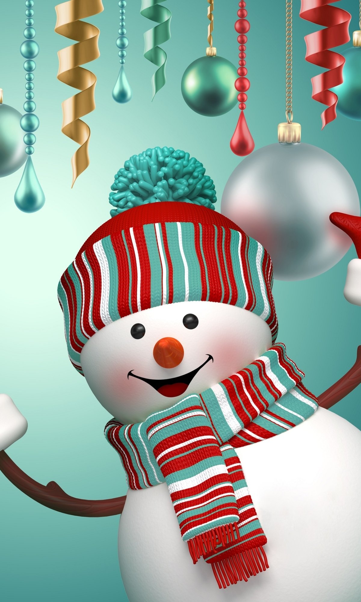 Artistic phone wallpaper: a cheerful snowman in a red, teal and white striped hat and matching scarf waves beneath hanging teal and red ornaments and curling ribbons.