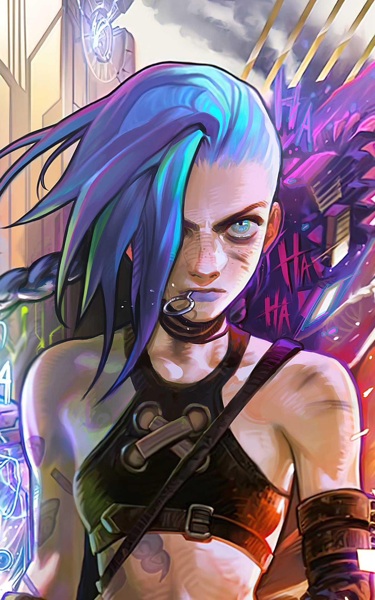 Phone wallpaper featuring Jinx from the TV show Arcane, showcasing her distinctive blue hair and intense expression against a vibrant, dynamic background.