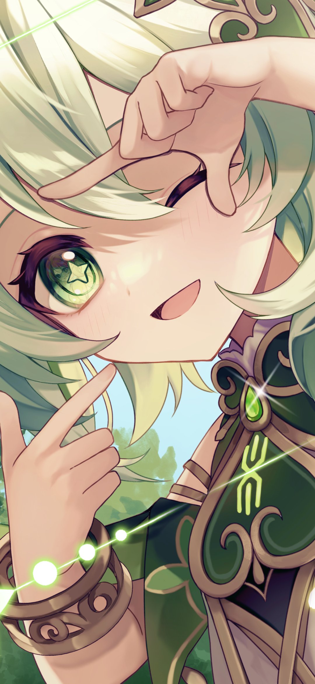 Close-up phone wallpaper of Nahida from Genshin Impact, featuring vibrant anime-style art with green and gold tones, designed for iPhone and Android displays.