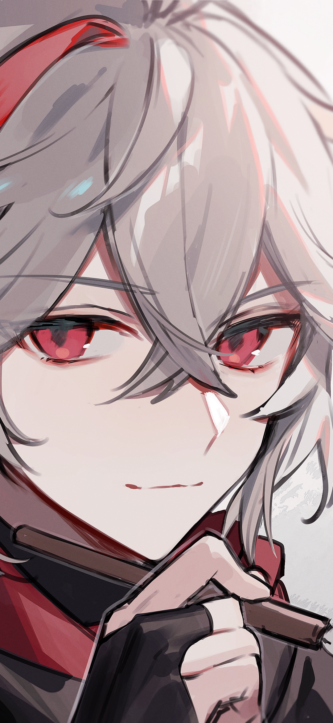 Close-up portrait of Kaedehara Kazuha from Genshin Impact — anime-style phone wallpaper for iPhone and Android, gray hair, red eyes, subtle smile with hand near the face.