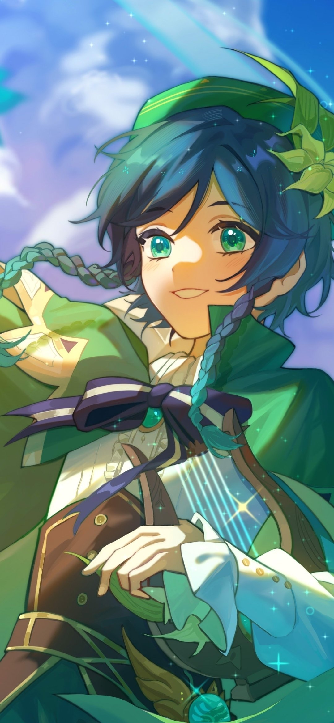 Venti from Genshin Impact is depicted in a vibrant, detailed phone wallpaper with bright colors and dynamic lighting, designed for use on iPhones and Android devices.