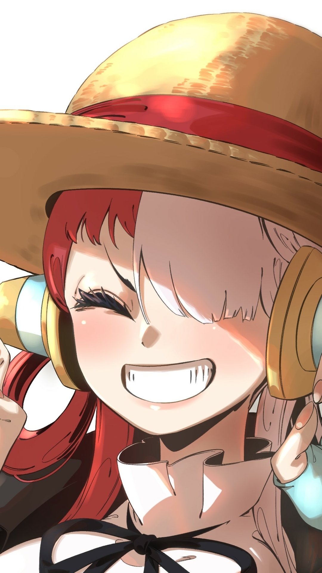 Phone wallpaper of Uta (One Piece) from One Piece Film: RED — anime close-up, beaming grin with headphones and straw hat, eyes squeezed shut and a cheerful blush.