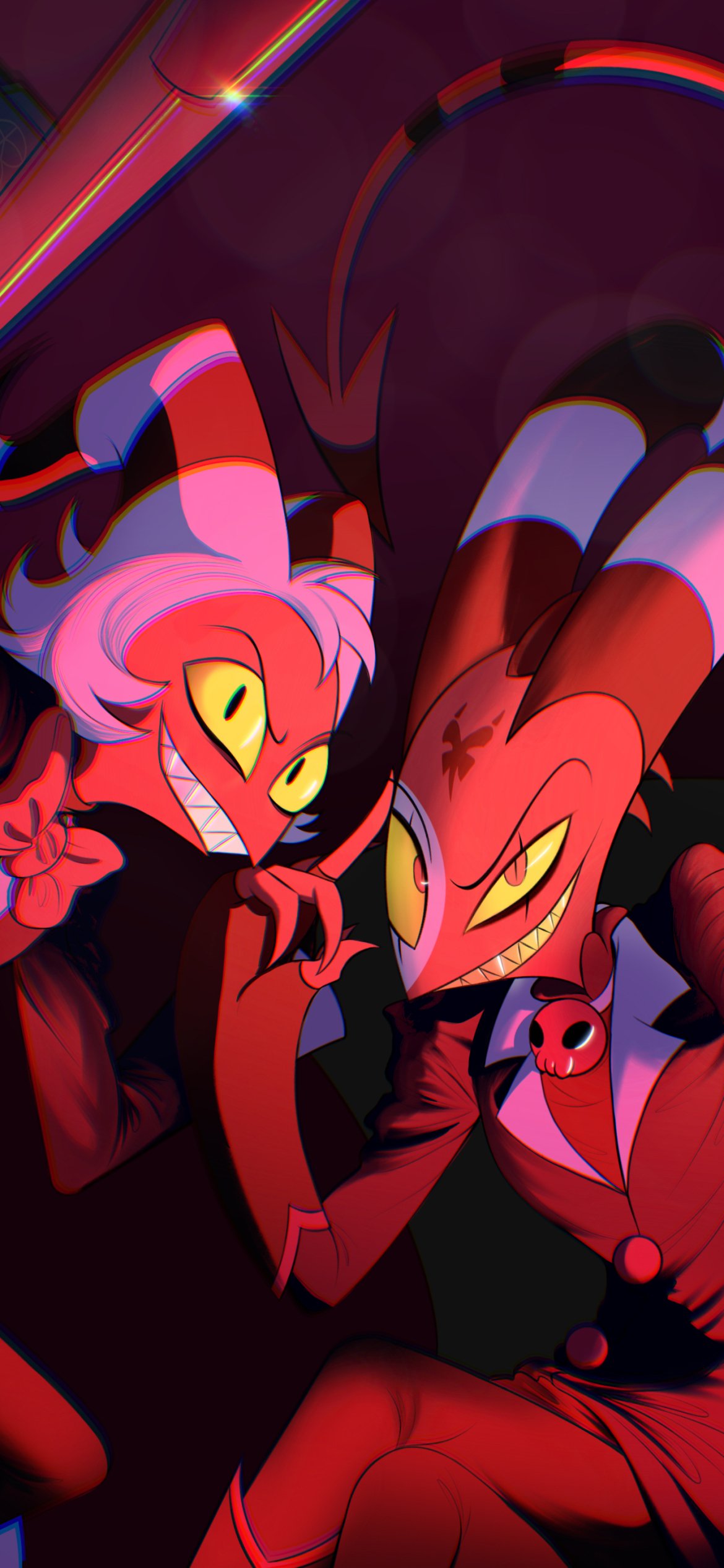 Phone wallpaper featuring vibrant characters from the TV show Helluva Boss, designed for display on both iPhone and Android devices.