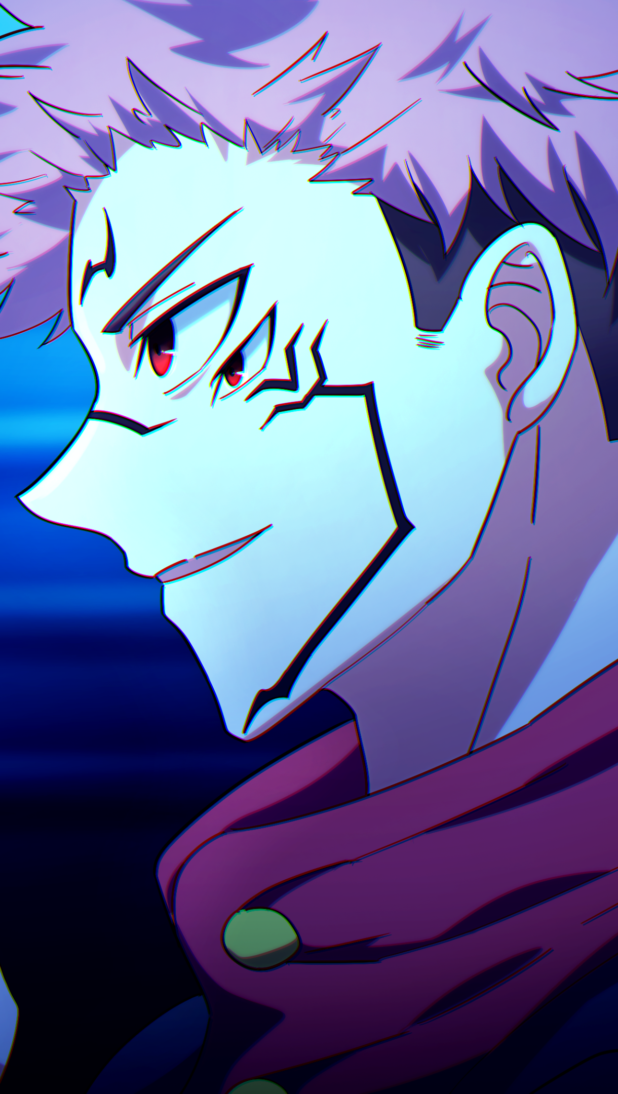 Side portrait of Sukuna from Jujutsu Kaisen in anime-style phone wallpaper; smirking with purple hair, red eyes, and black facial markings against a blue gradient background.