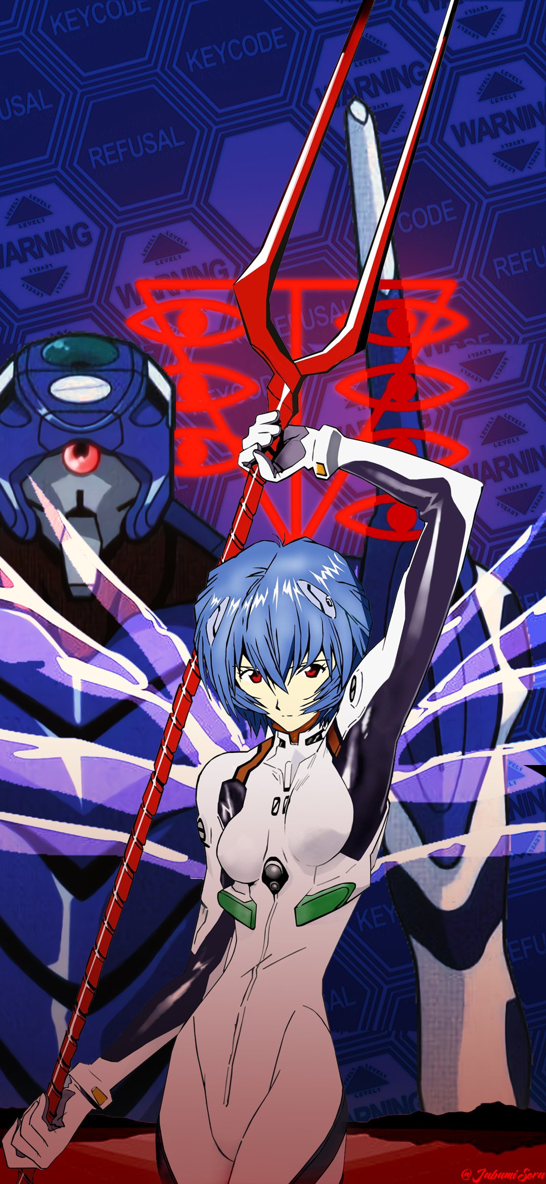 Phone wallpaper (iPhone & Android) of Rei Ayanami from Neon Genesis Evangelion: Rei in white plugsuit wielding the Lance of Longinus with an EVA and red halo behind her.