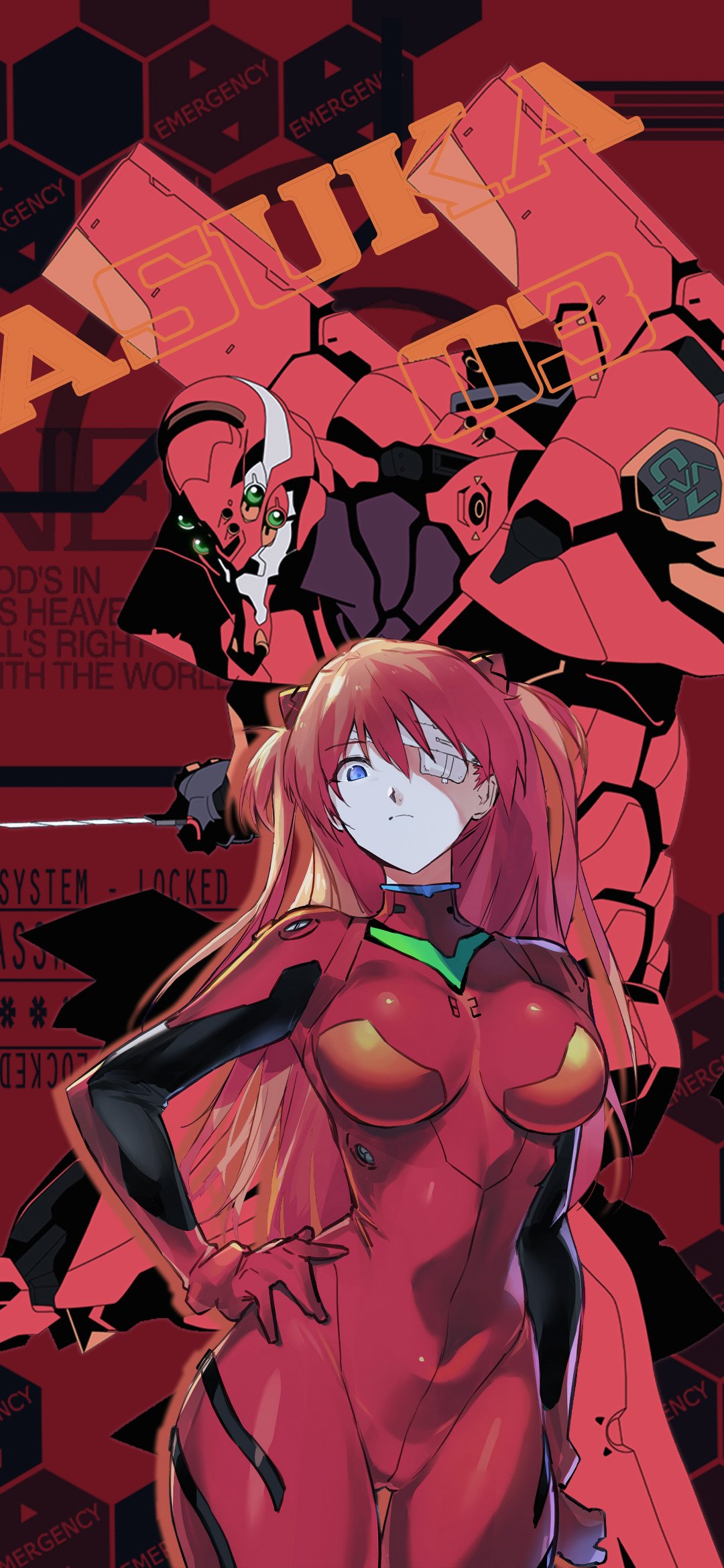 Phone wallpaper featuring Asuka Langley Sohryu from Neon Genesis Evangelion, showcasing her in red plug suit with a stylized mech in the background, designed for iPhone and Android displays.