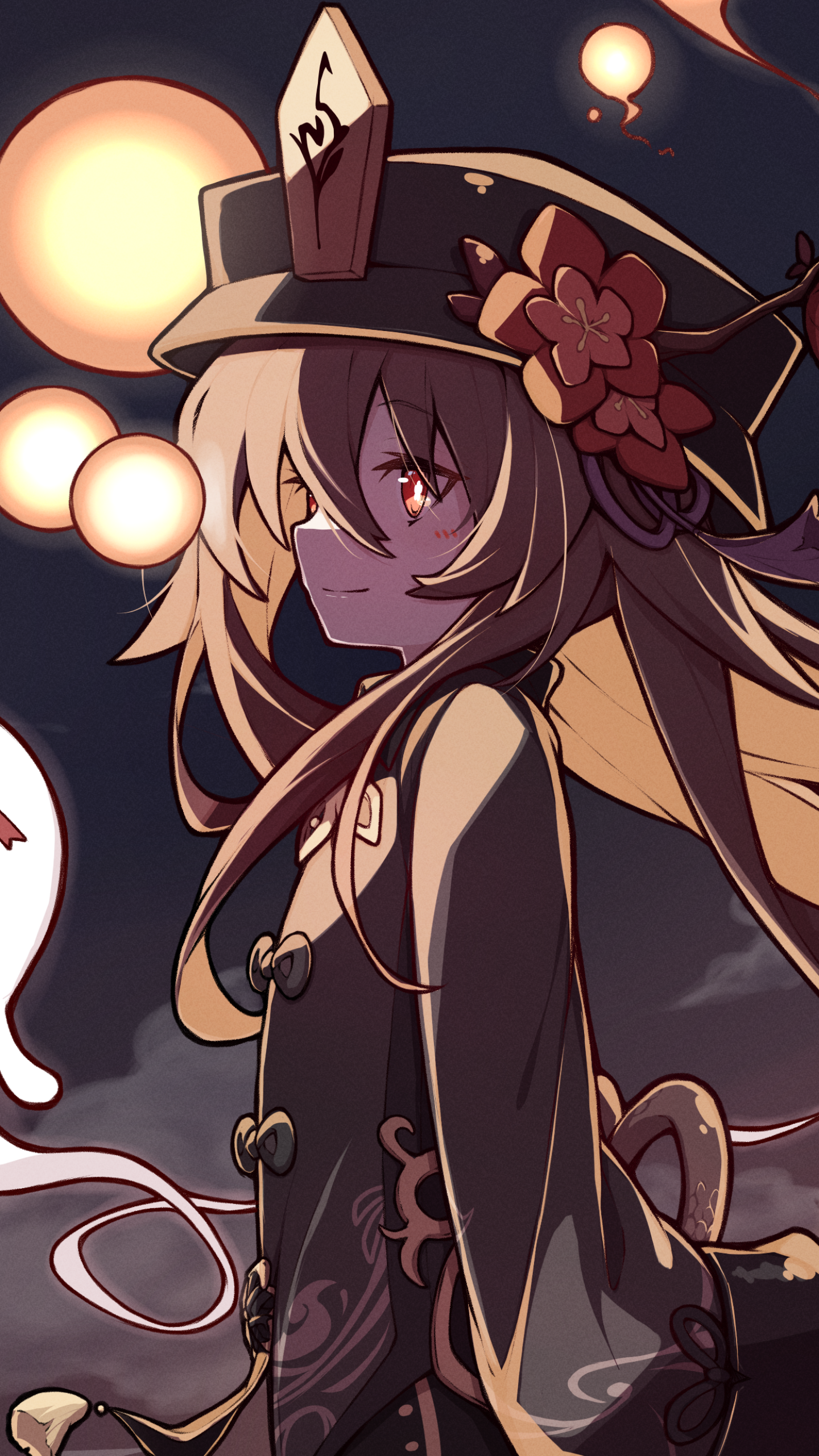 Phone wallpaper of Hu Tao from the video game Genshin Impact — stylized warm-toned portrait with lantern glow, her mischievous smile and ghostly wisps framing the scene.