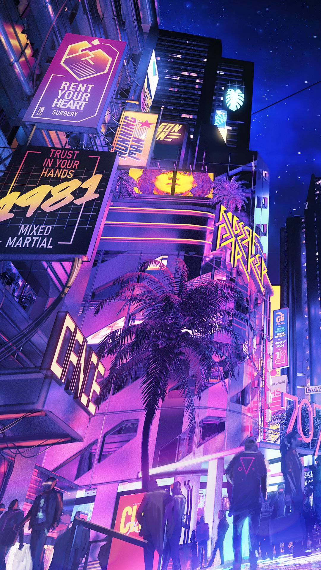 A vibrant cyberpunk cityscape at night with neon signs and futuristic architecture, designed as a sci-fi phone wallpaper for iPhones and Android devices.