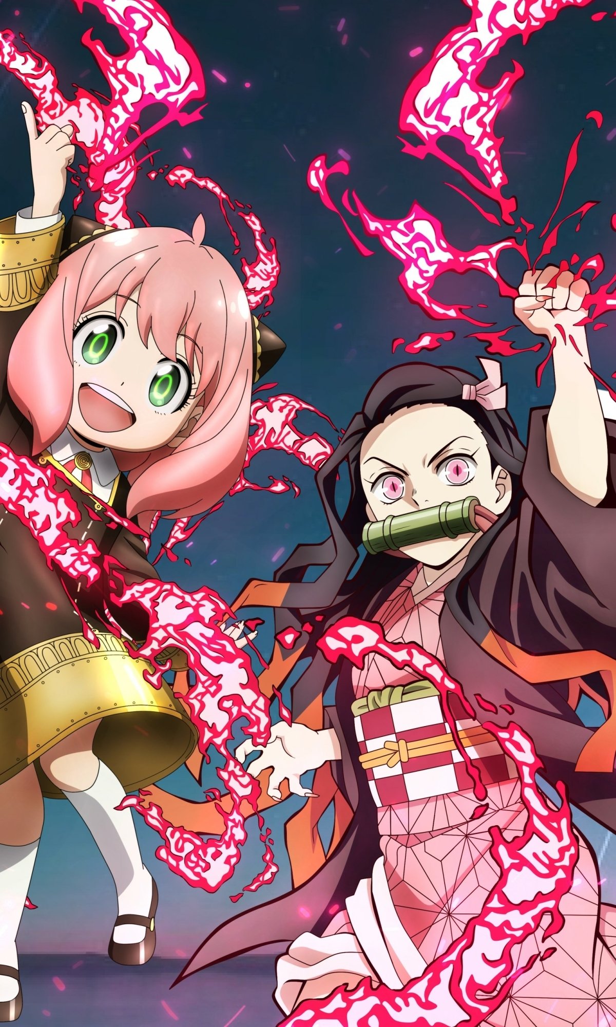 Phone wallpaper anime crossover: Nezuko Kamado (bamboo muzzle) and Anya Forger surrounded by glowing pink energy, striking dynamic, action-ready poses together.