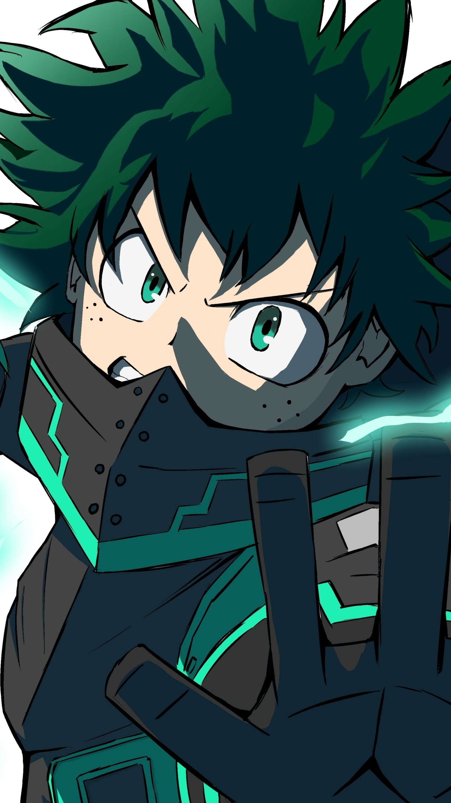 Phone wallpaper of Izuku Midoriya from the anime My Hero Academia in his hero costume, green energy crackling as he reaches forward with a determined expression.