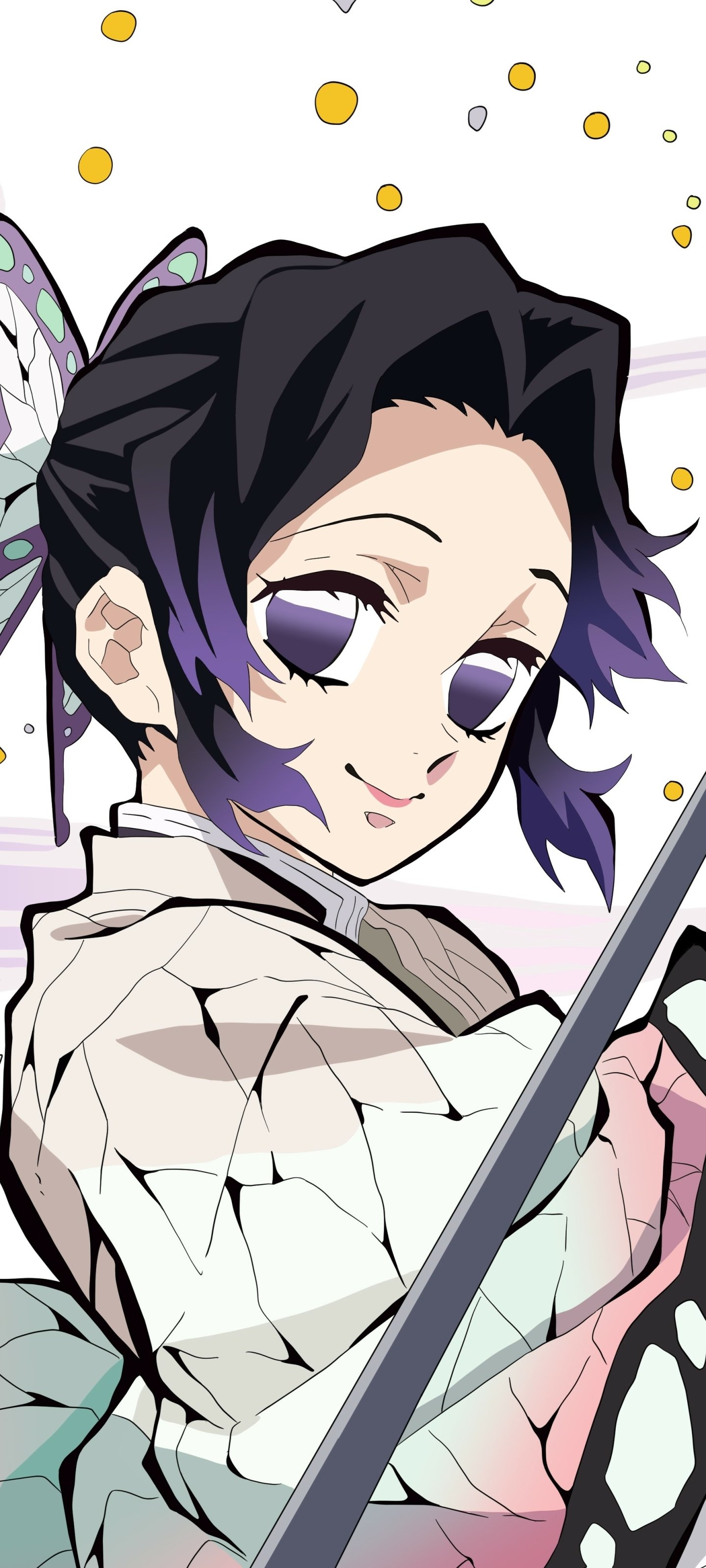 Phone wallpaper of Shinobu Kochou from Demon Slayer: Kimetsu no Yaiba — smiling, butterfly-themed Hashira holding a sword on a pale background with scattered yellow petals.