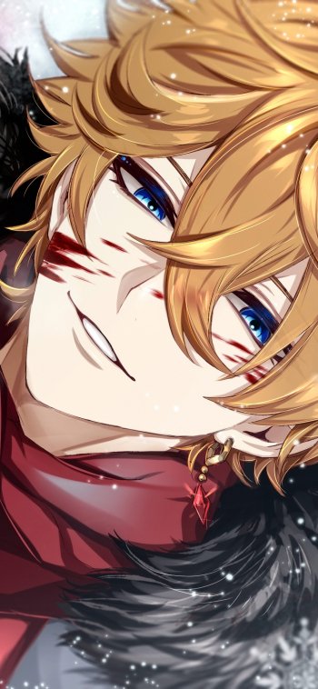 Phone wallpaper of Tartaglia (Childe) from Genshin Impact, close-up of his blond hair and blue eyes, red scarf, faint battle scars and fur collar, half-smile with snow flecks.